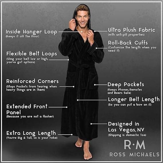 MSRP $52 Ross Michaels Mens Black 2XL/3XL Luxury Robe Hooded Big and