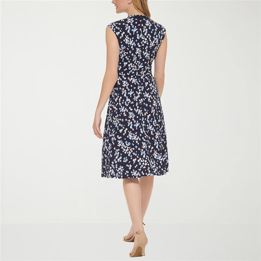 MSRP $84 Jessica Howard Womens 14 Petite Navy Multi V Neck Midi Dress Sleeveless