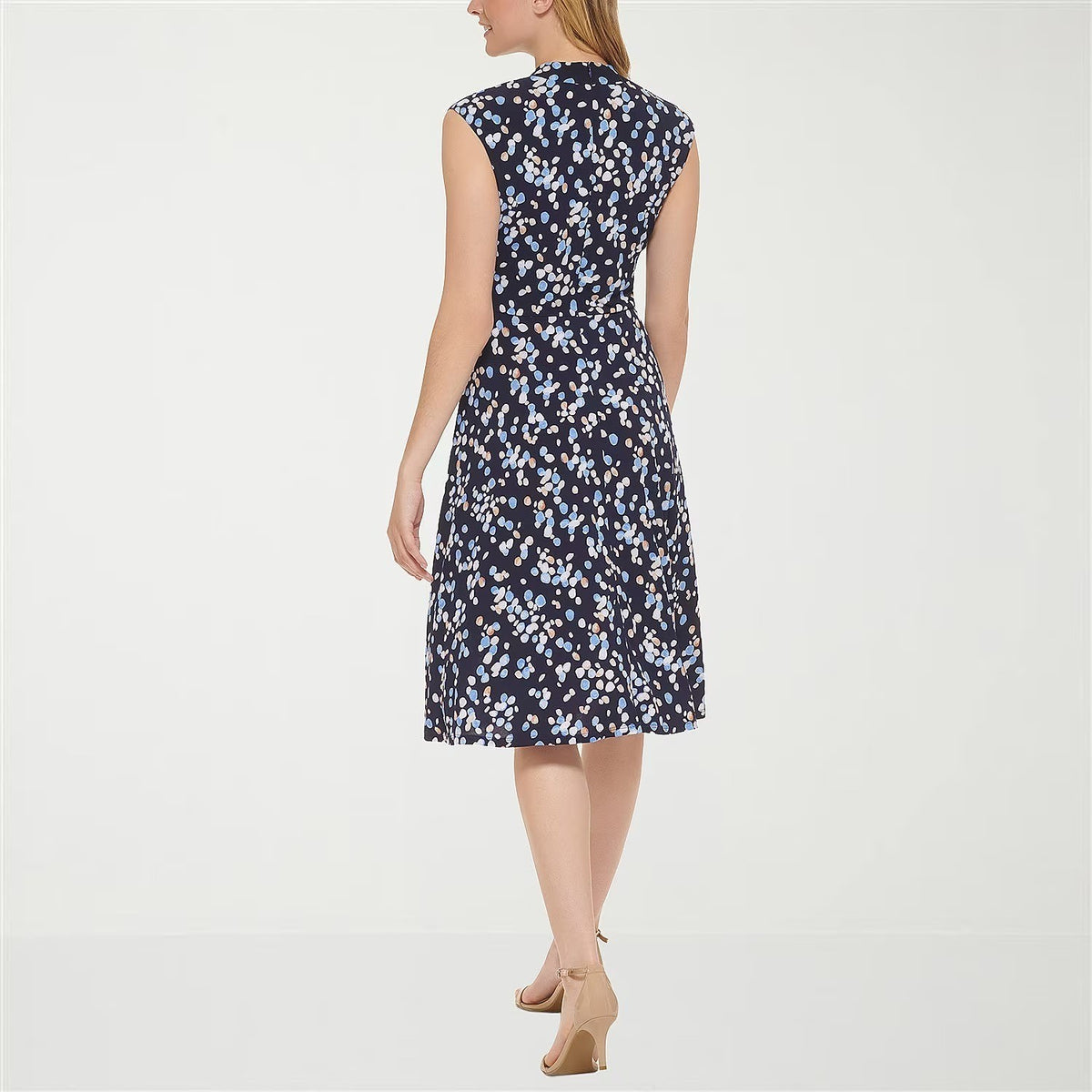 MSRP $84 Jessica Howard Womens 14 Petite Navy Multi V Neck Midi Dress Sleeveless