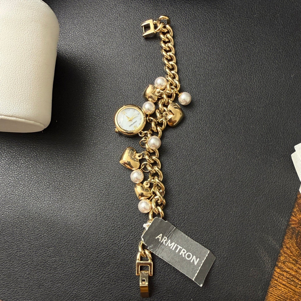 MSRP $85 Armitron 75/5578GP Gold Tone Charm Womens Crystal Bracelet Watch New