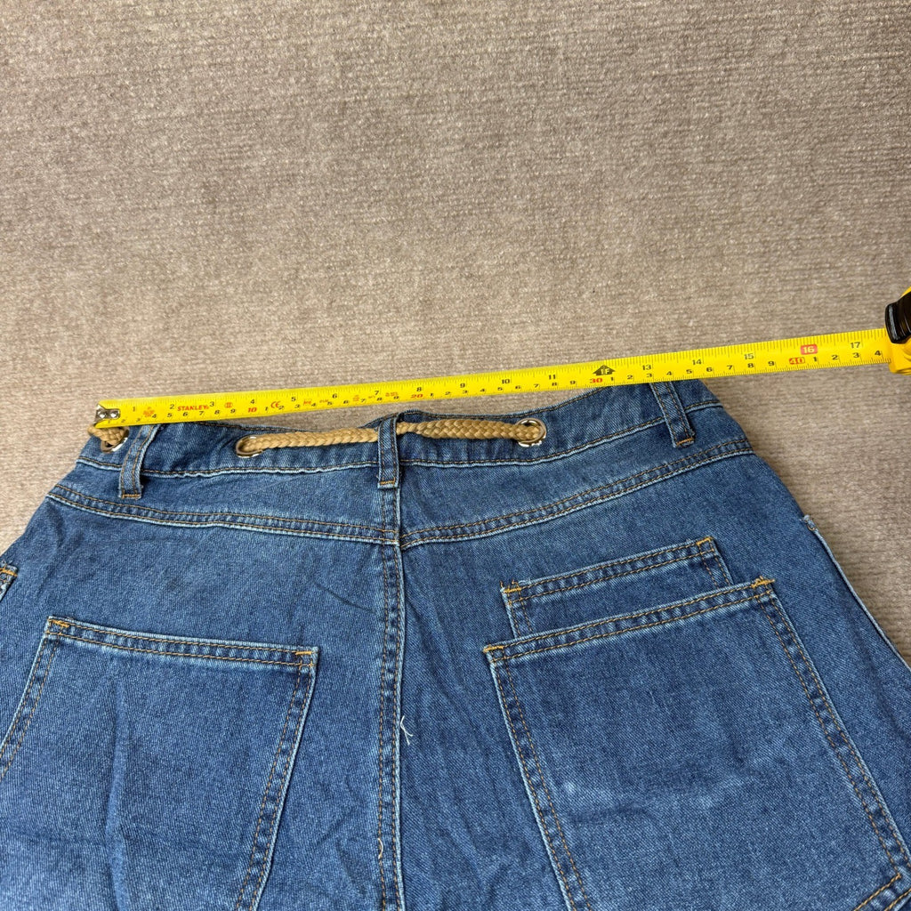 PLNOTME Womens 10 Blue Baggy Barrel Horseshoe Jeans Wide Leg Patchwork Low