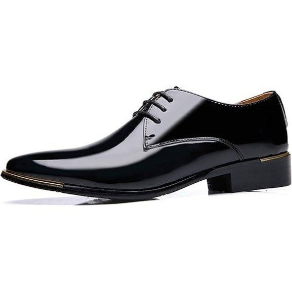 Santimon Men's US 8 Black Patent Leather Lace Up Pointed Toe Oxford Shoes