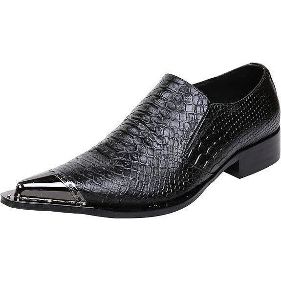 Santimon Men's US 12.5 Black Leather Metal Tip Pointed Toe Slip On Loafers Shoes