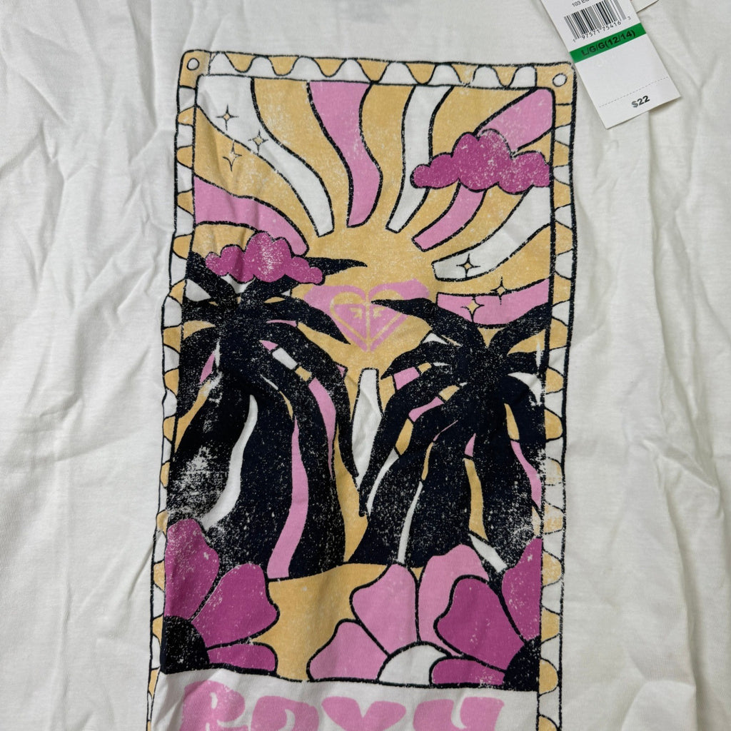 MSRP $22 Roxy Girls L 12-14 Egret Sun-Kissed Short Sleeve Oversized Fit Logo Tee