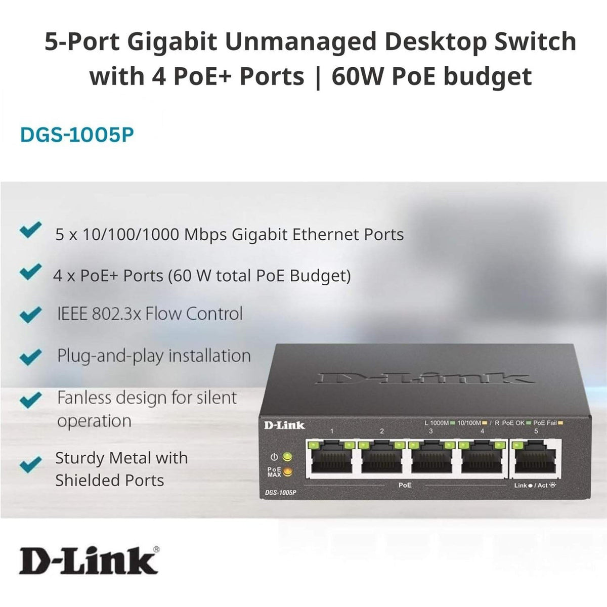 New Sealed D-Link DGS-1005P 5-Port Gigabit Desktop PoE Switch with 4 PoE Ports