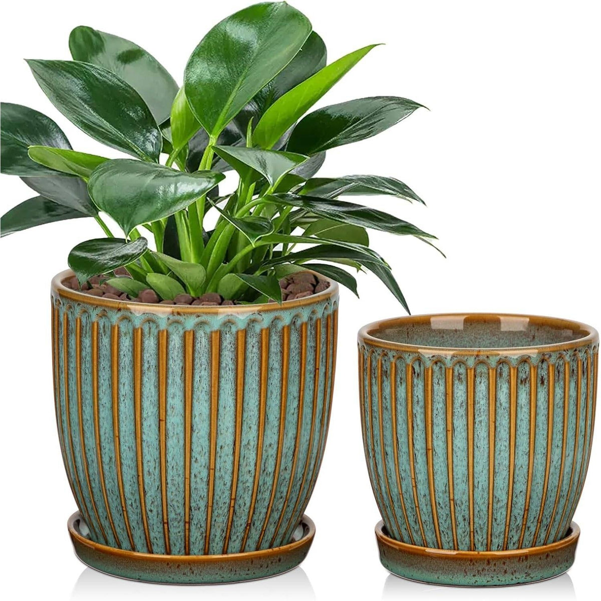 Set of 2 Oairse Ceramic Bluish Grey Pots for Indoor Plants, 4.9 + 5.7 Inch With