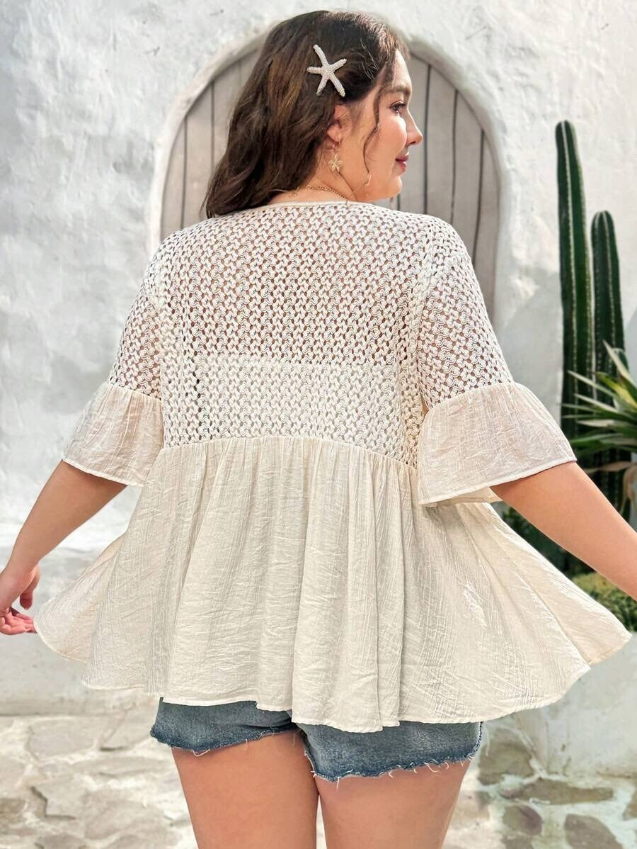 Dreamara Women's Plus Size 1XL Apricot Knitted Ruffle Trim Blouse For Holiday Su