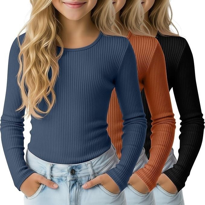 MSRP $44 LessonZoo 3 Pack Girls 13-14Y Long Sleeve Shirts Cotton Ribbed Tops C