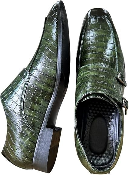 Santimon Men's US 7.5-8 Green Leather Double Monk Strap Slip on Loafer Shoes