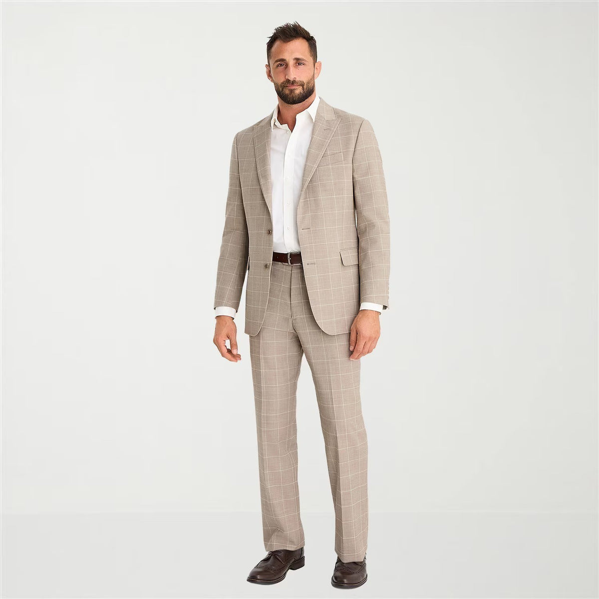 MSRP $260 Stafford Coolmax Mens 44 Tan Windowpane Classic Fit Suit Jacket All S