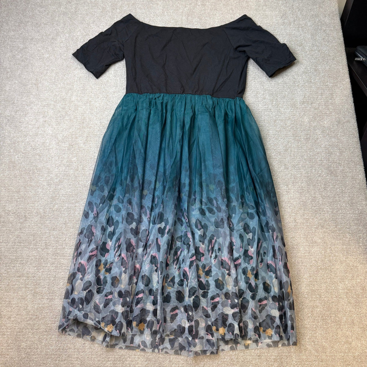 NWT PatPat Womens M Black Teal Ombre Leopard Print Off Shoulder Midi Dress