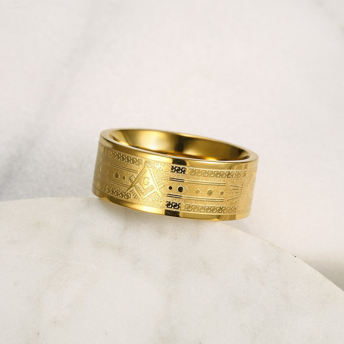 Mens Gold Tone Freemason Mason Masonic 8mm Band Ring Titanium Steel Size 8-13