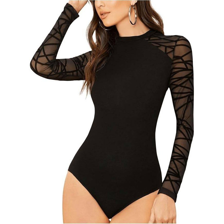 MSRP $31 WDIRARA Women's S Sheer Mesh Long Sleeve Bodysuit Mock Neck Leotard