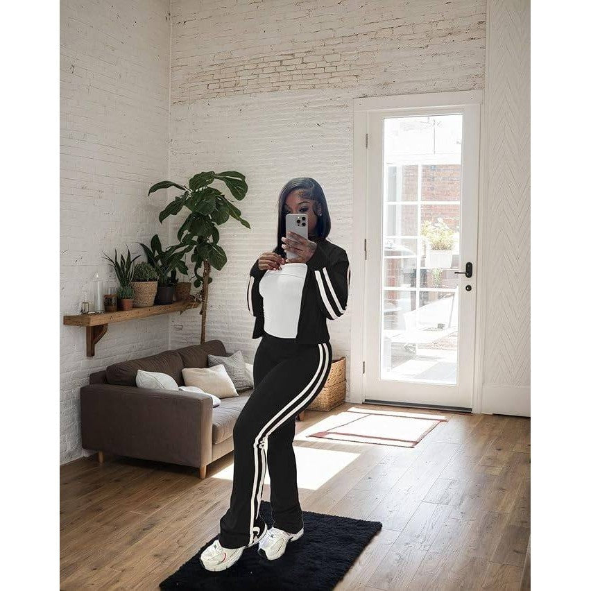 MSRP $37 HBQ Women's M 2 Piece Sweatsuit Set Zip Up Crop Top and Flare Pants Ca