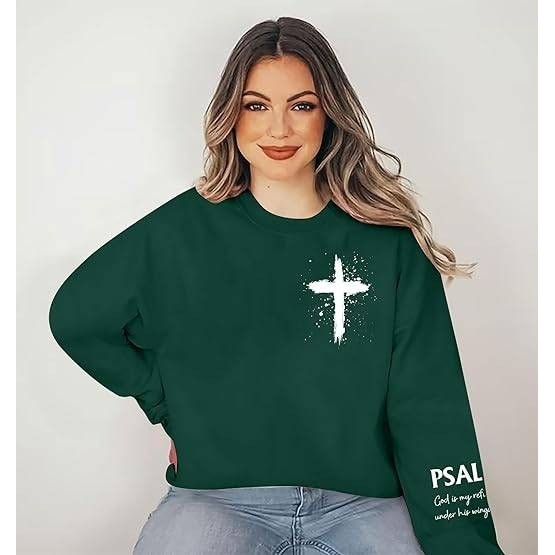 MSRP $30 MOUSYA Women's M Green Christian Sweatshirt Psalms 91 Print Long Slee