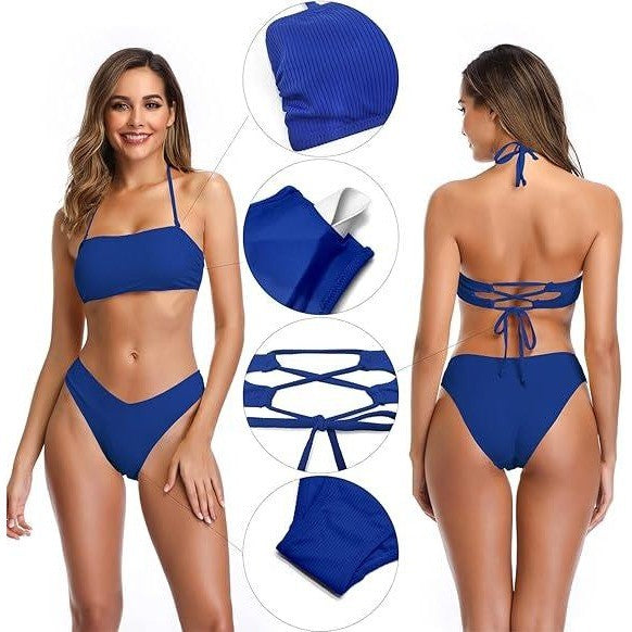 SHEKINI Women's L Blue Ribbed Halter Two-Piece Bikini Set, Lace-Up Bandeau Top