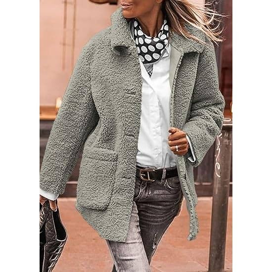 MSRP $78 PRETTYGARDEN Women's Gray L Winter Faux Fur Coats Long Sleeve Lapel B