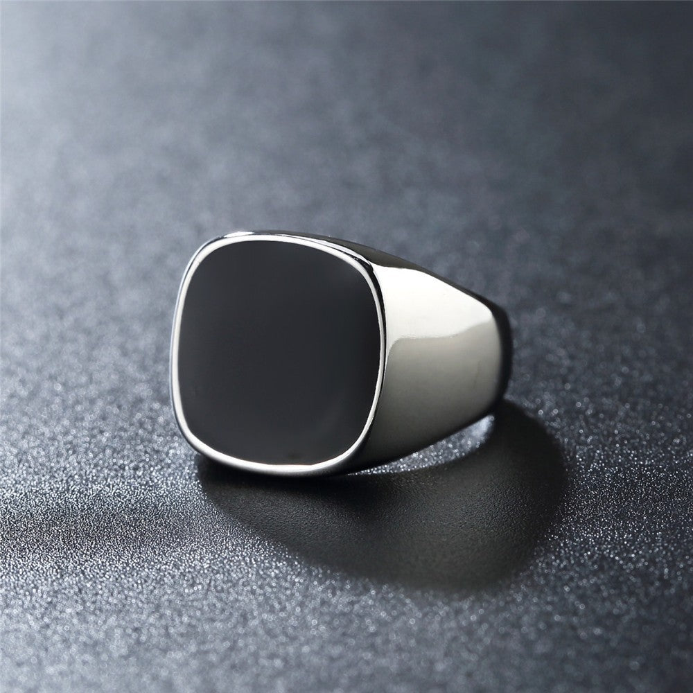 Square Black Signet Pinky Ring Mens Gold, Silver Tone Stainless Steel Size 8-13