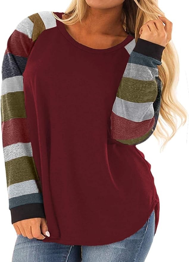 ROSRISS Women's 14W-28W Long Sleeve Tunic Crewneck Colorblock Striped Tee Shirt