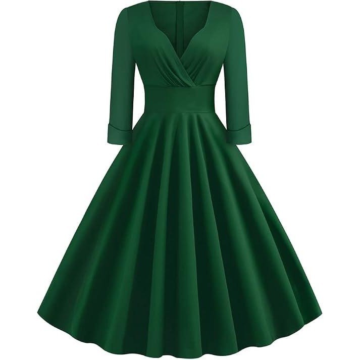 MSRP $51 IWEMEK Womens S Deep Green Fall 3/4 Sleeve 1950s Cocktail Swing Dress