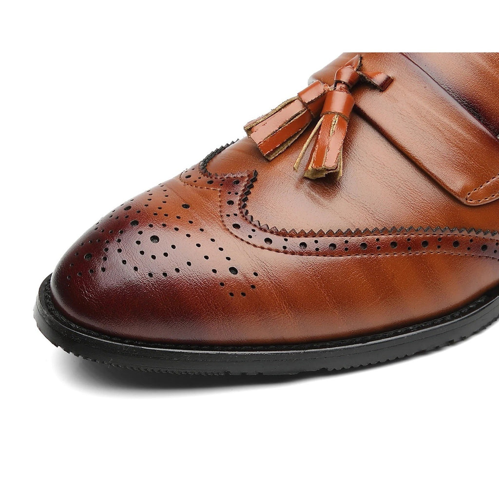 Santimon Men's US 7.5 Brown Wingtip Tassel Smoking Loafers Slip On Dress Shoes