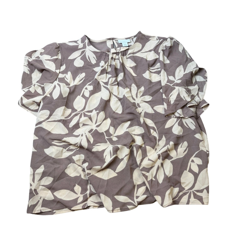 MSRP $48 Liz Claiborne Womens XL Tall Coffee Floral U Neck Blouse Short Sleeve