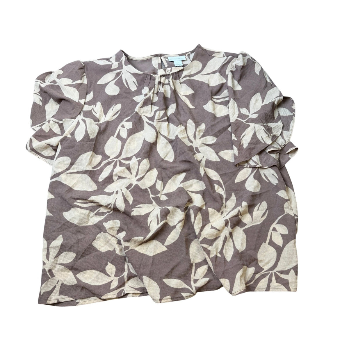 MSRP $48 Liz Claiborne Womens XL Tall Coffee Floral U Neck Blouse Short Sleeve