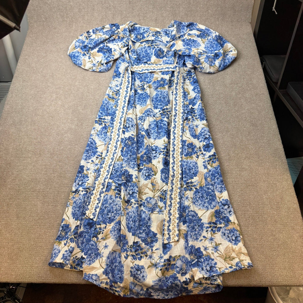 MSRP $89 Melonie T Womens 8 Ivory/Blue Floral Belted Midi Shirt Dress Short