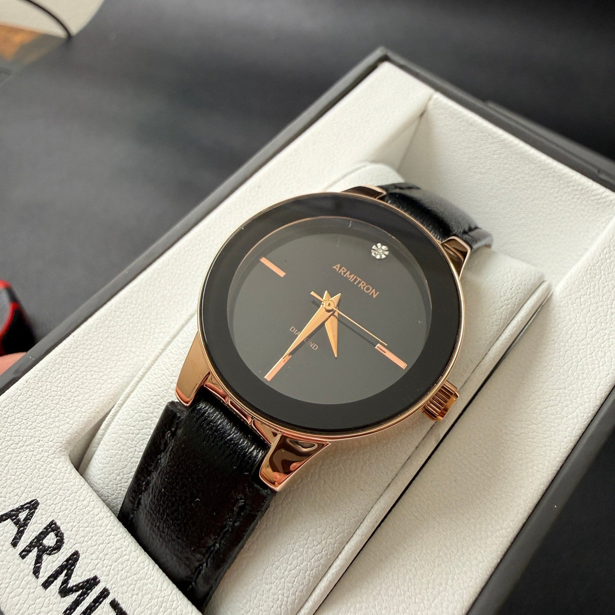 MSRP $50 Armitron 75/5410RG Rose Gold Womens Diamond Black Dial Watch New Batt