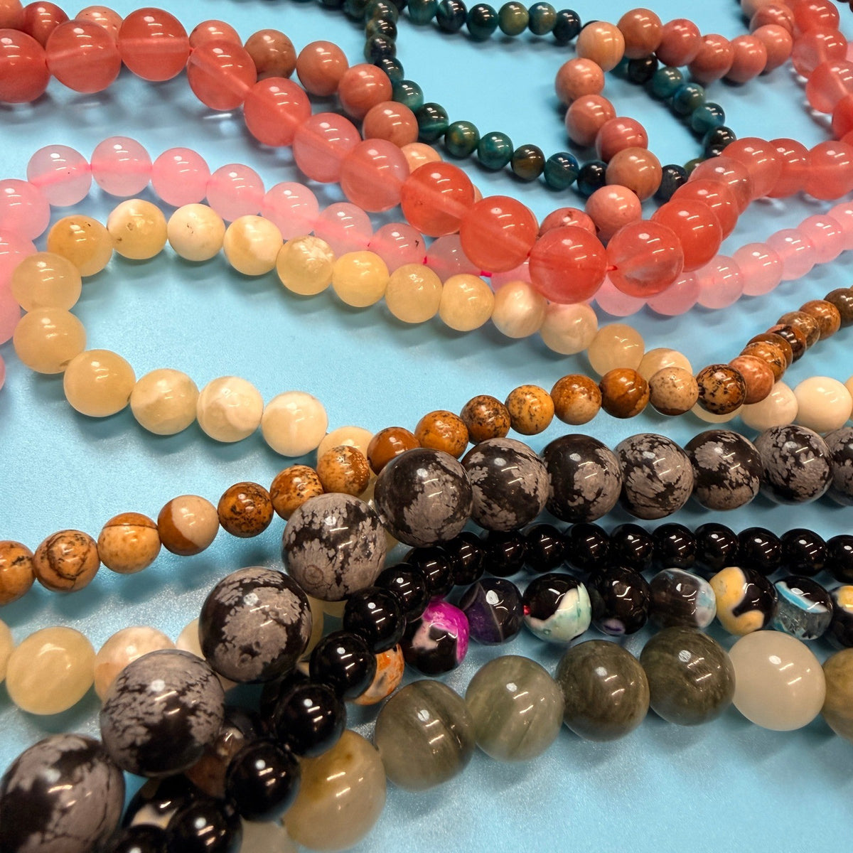 Set of 10 Natural Gemstone Round Beads Strands 15" Sizes 6,8,10 mm 14oz №B12