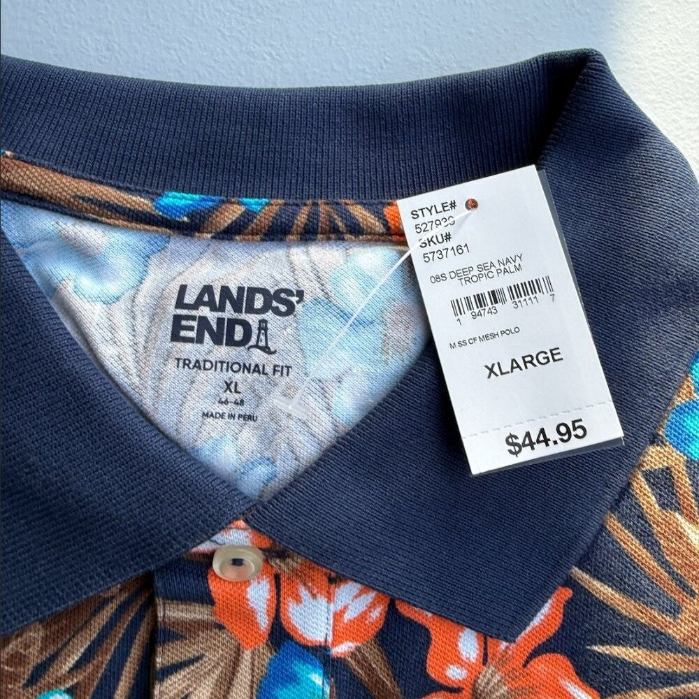 Set of 2 Lands End Polo Men's XL 46-48 Floral Striped Short Sleeve Cotton Shirt