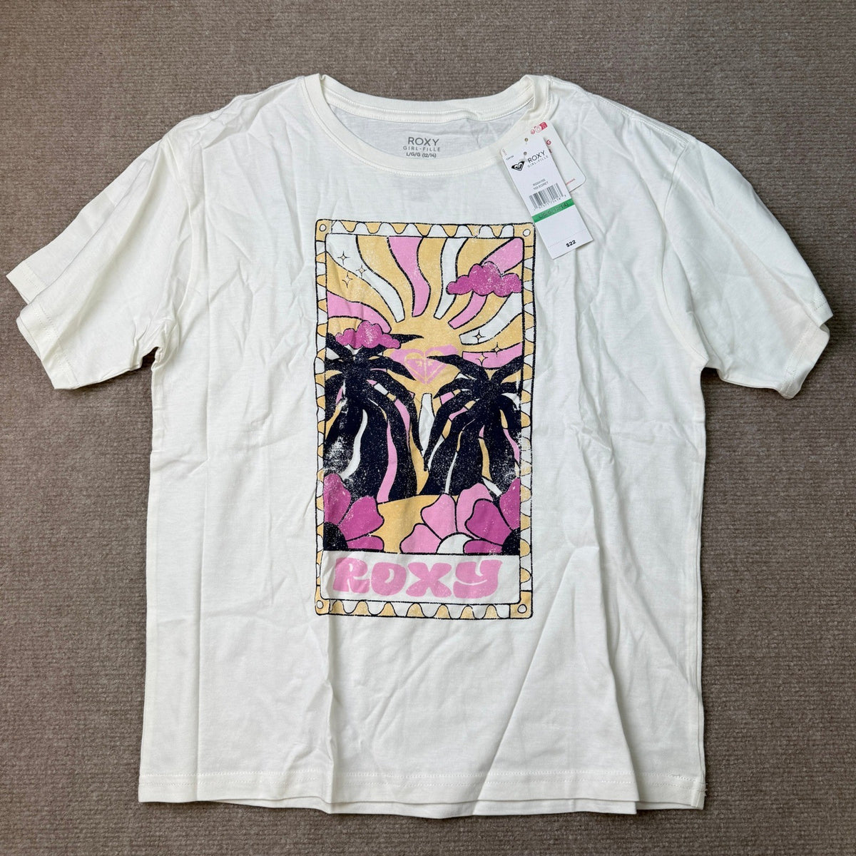 MSRP $22 Roxy Girls L 12-14 Egret Sun-Kissed Short Sleeve Oversized Fit Logo Tee