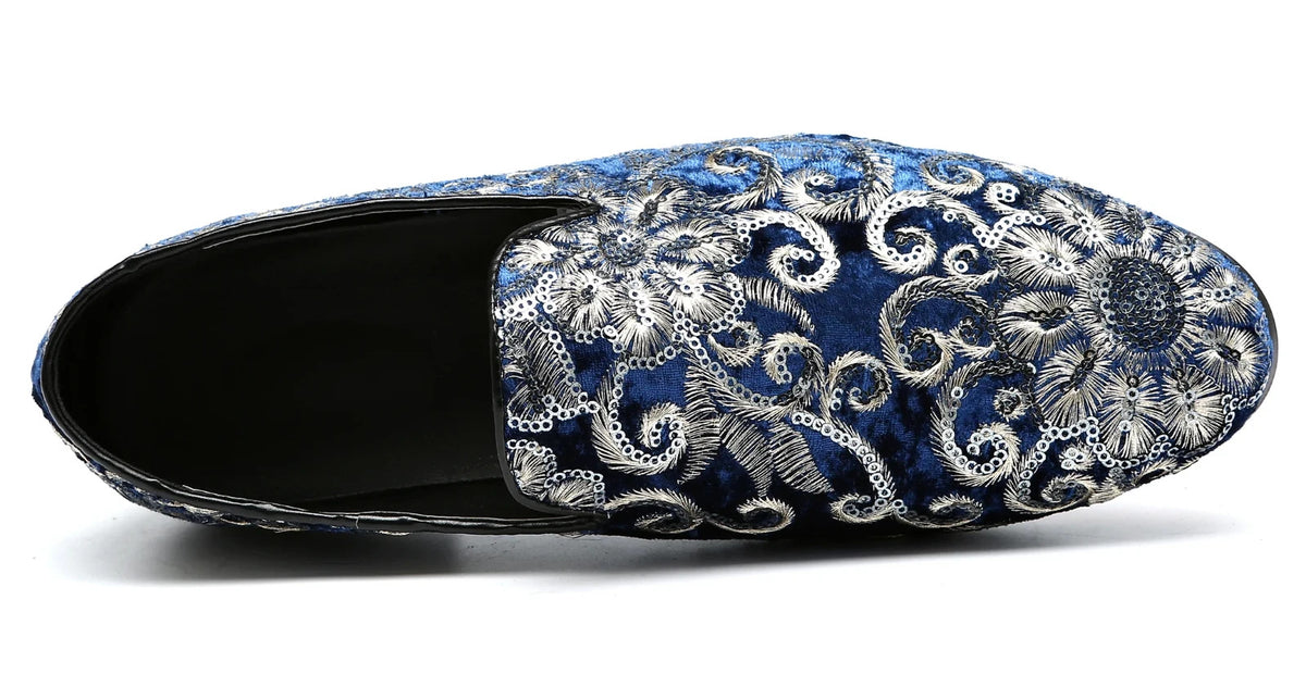 Santimon Men's US 6-12.5 Blue Velvet Silver Stitching Smoking Loafers Shoes