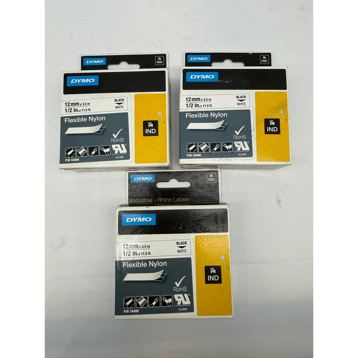 Lot of 3 DYMO Rhino Flexible Nylon Industrial Label Tape 1/2" x 11 1/2 ft White/