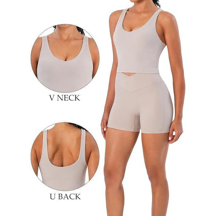 MSRP $24 Sunzel Women's XL Beige Built-in Bra V Neck Longline Sports Bra for Yo