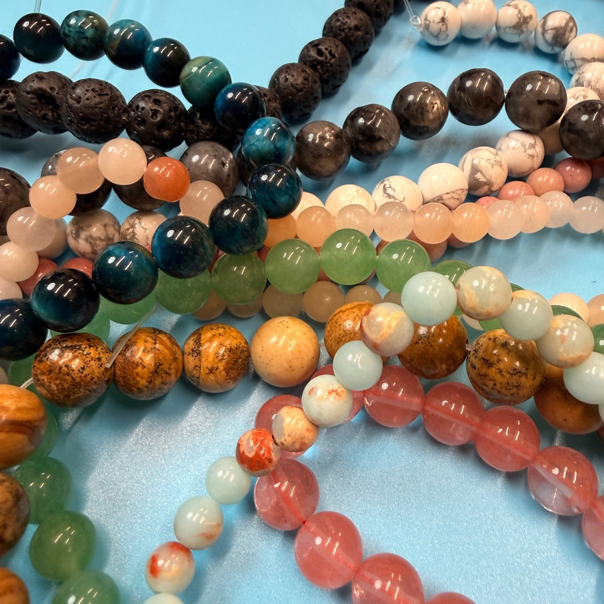 Set of 10 Natural Gemstone Round Beads Strands 15" Sizes 6,8,10 mm 14oz №B6