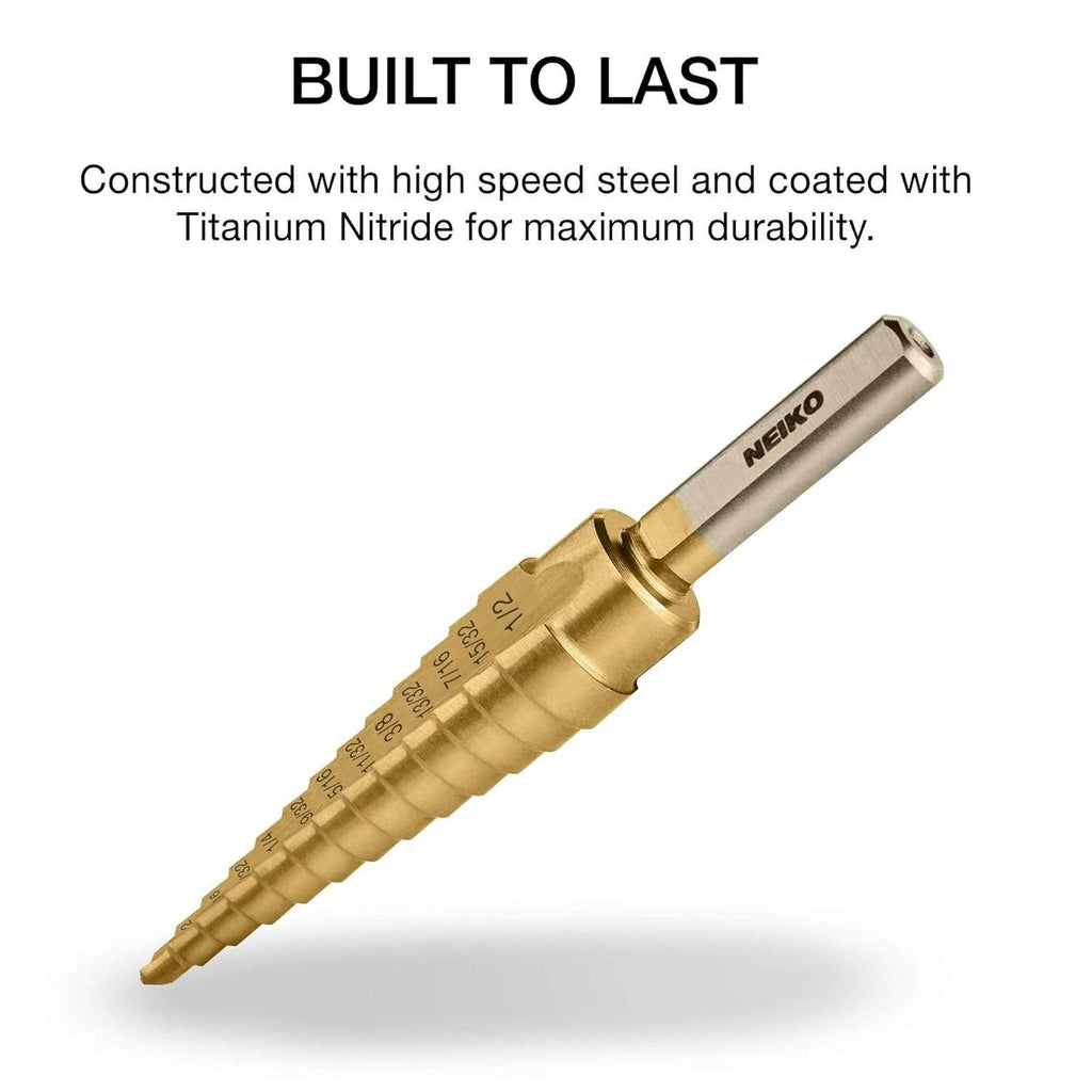 NEIKO 10182A Titanium Step Drill Bit, 13 Sizes 1/8"–1/2" High-Speed Alloy-Steel