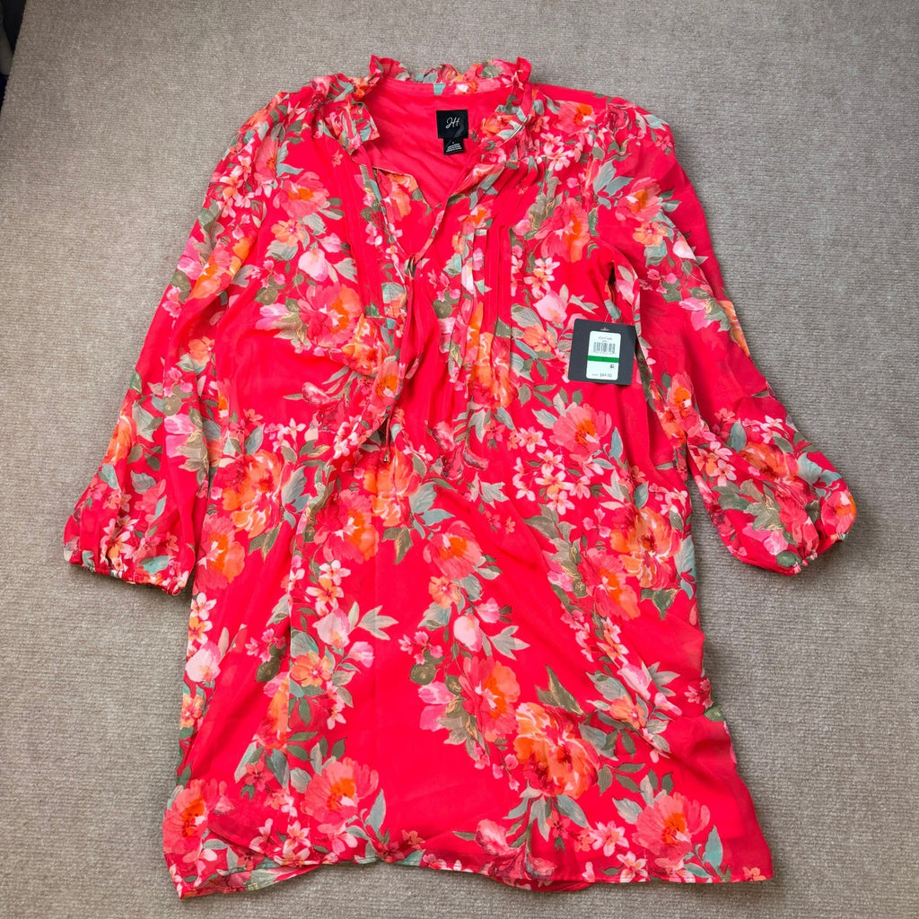 MSRP $89 Jessica Howard Womens L Floral Split Tie Neck Long Sleeve Shift Dress
