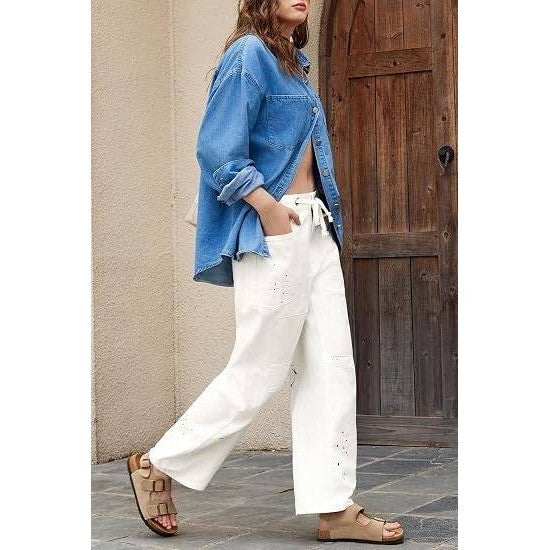 PLNOTME Womens 8 White Baggy Barrel Horseshoe Jeans Wide Leg Patchwork