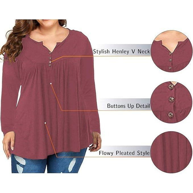 VISLILY Women's 24W Long Sleeve Henley Buttons Up Top Shirt Blouse Pleated Tun