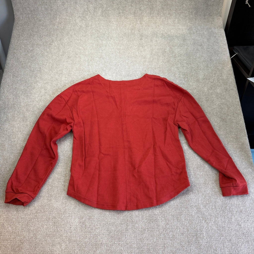 Women's M Red Drop Shoulder Waffle Henley Top Long Sleeve Button Pullover Casual