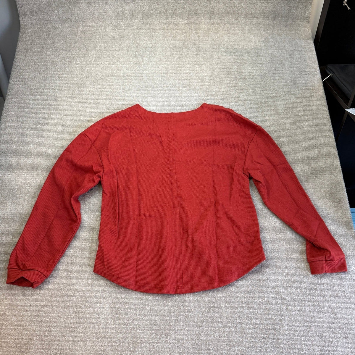 Women's M Red Drop Shoulder Waffle Henley Top Long Sleeve Button Pullover Casual