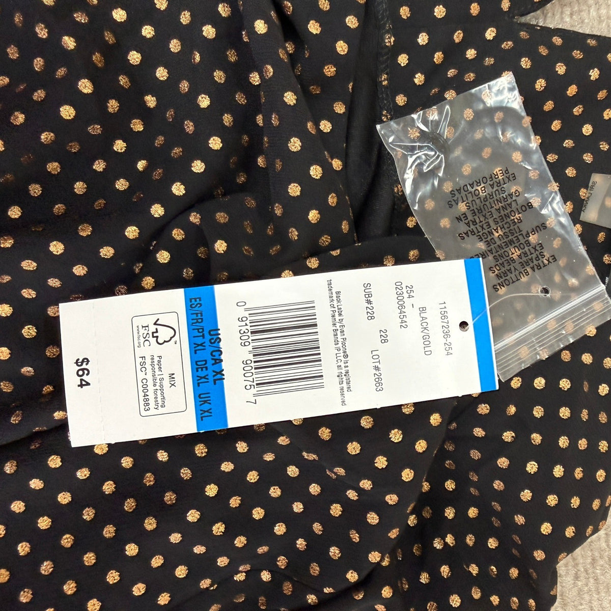 MSRP $64 Black Label by Evan-Picone Womens XL Black/Gold Polka Dot Blouse Top