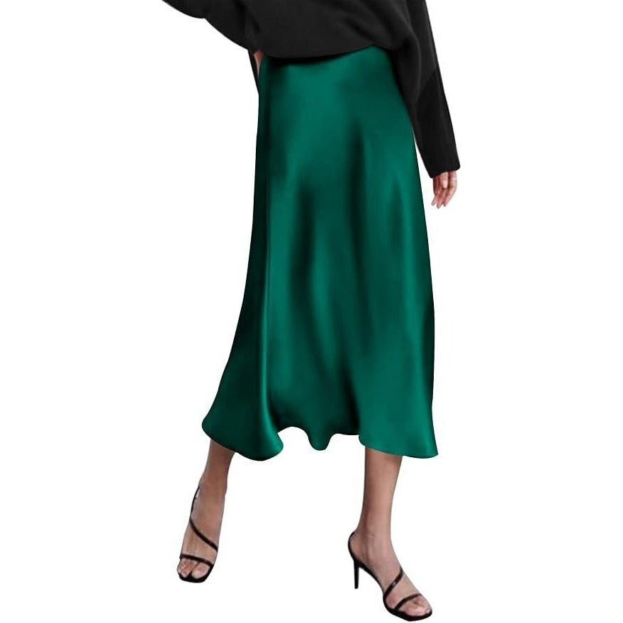 MSRP $39 Zeagoo Women's M Green Satin High Waist Elegant Midi Skirt Flowy