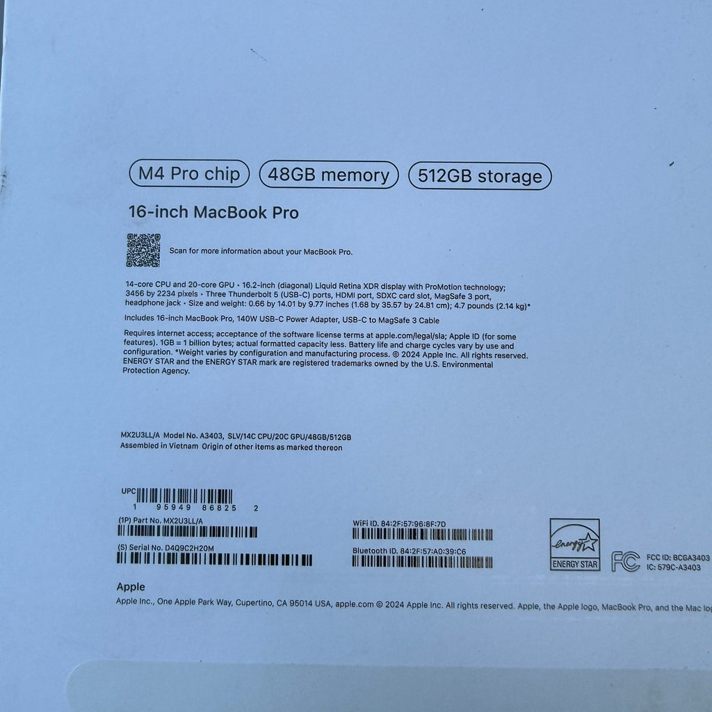 Apple MacBook Pro 16 M4 Pro 48GB 512GB Silver A3403 MX2U3LL/A EMPTY BOX ONLY