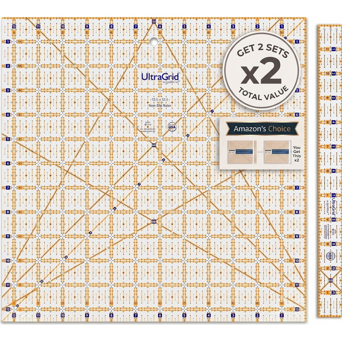 Set of 2 QuiltCut UltraGrid 12 1/2" Square Bonus Non-Slip Quilting Ruler Set