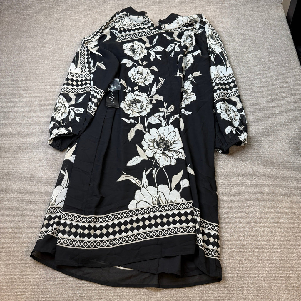MSRP $89 Sam and Jess Womens XL Rich Black Floral Shift Dress Mock Neck 3/4 Slee