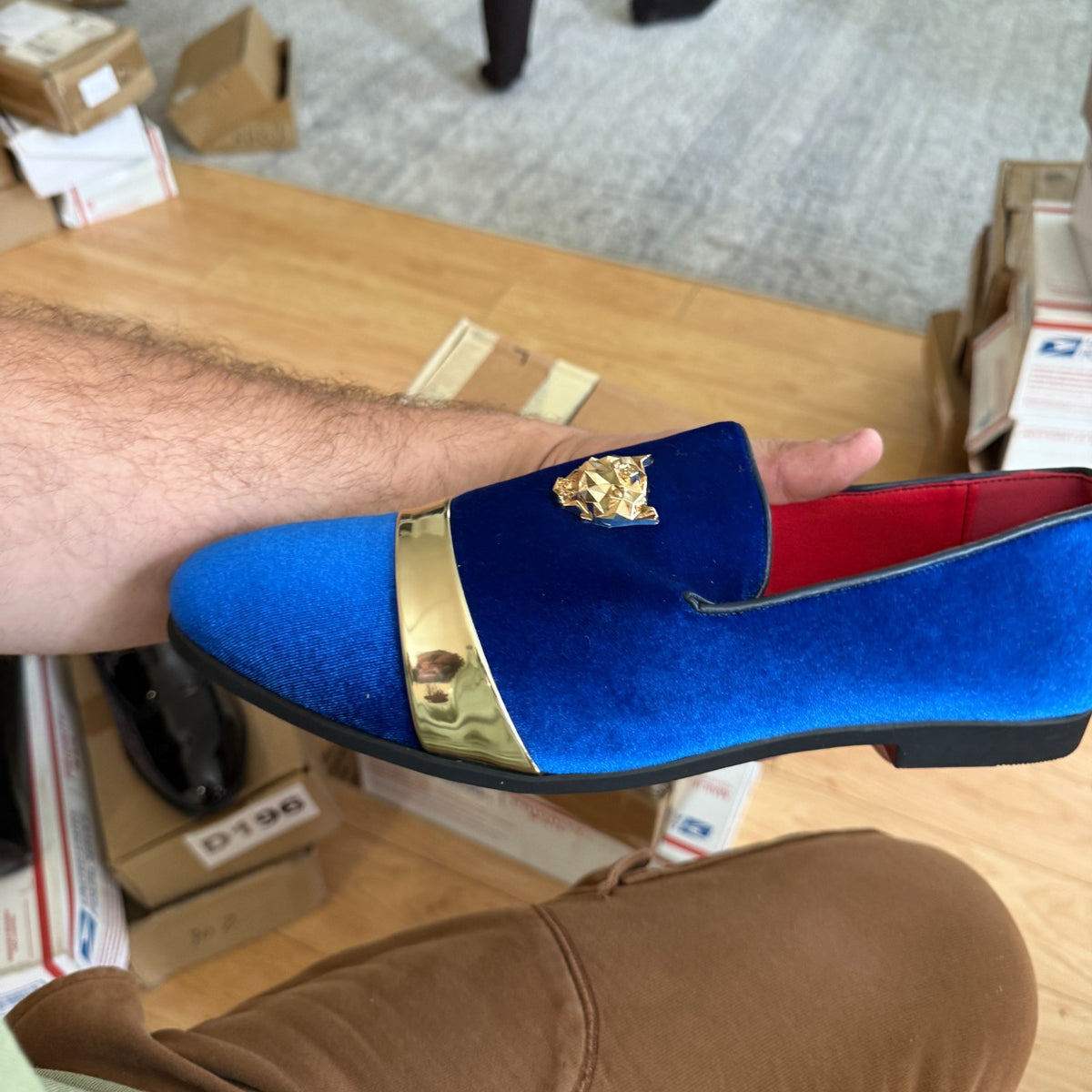 Santimon Mens US 7-11 Blue Velvet Loafers Golden Animal Buckle Slip-On Shoes