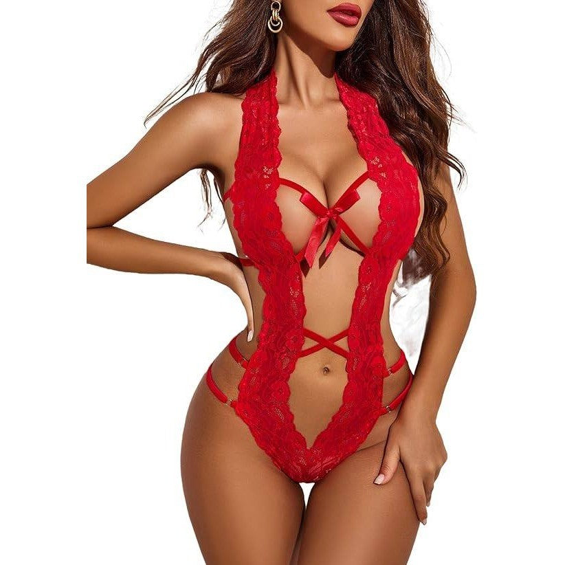 Avidlove Women's L Red Deep V Halter Lingerie Teddy One Piece Bodysuit Lace