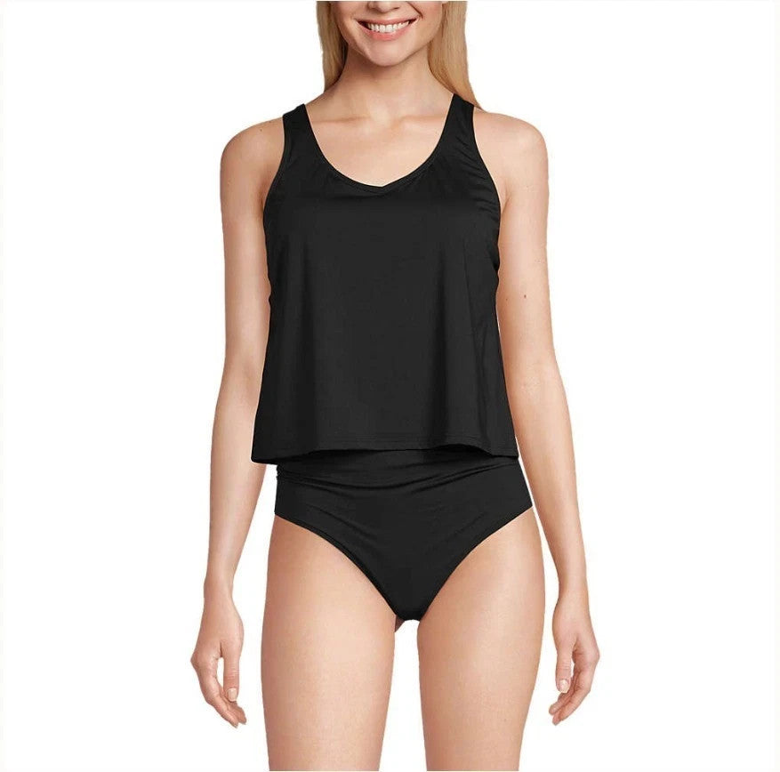 Lands' End Women's L, L LONG Black V Neck One Piece Fauxkini Swimsuit  This item